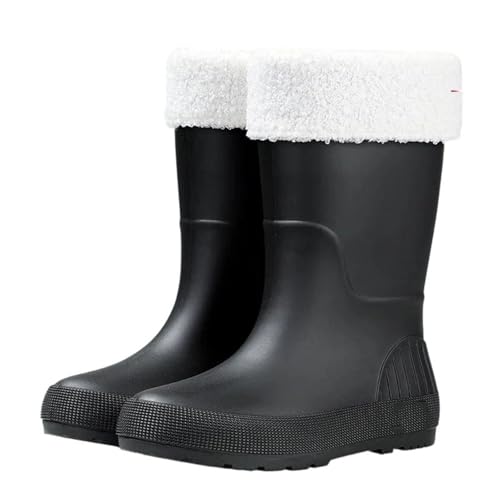 Mnjyihy Modischer Regenstiefel für Damen, vier Jahreszeiten, wasserdicht, rutschfest, verschleißfest, mittlere Wade, warme Schuhe, Schwarze Baumwolle, 39.5 EU von Mnjyihy