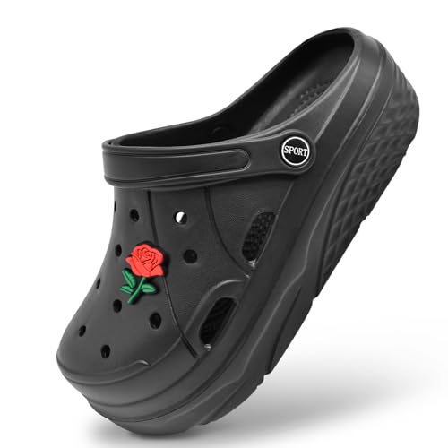 Mnplciea Damen Garten Plattform Clogs Hausschuhe Slip On Arbeitsclogs Hohe Ferse Pantoletten Rutschfest Keilsandalen Strandschuhe, Schwarz, 39.5 EU von Mnplciea