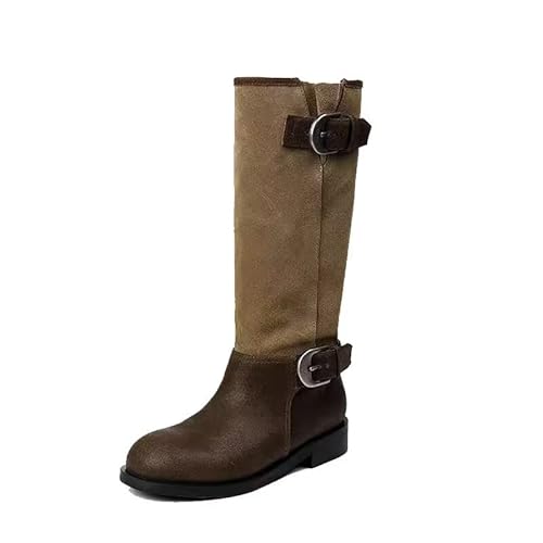 Mnplciea Damen-Stiefel im Retro-Stil aus Wildleder, Modische Stiefel mit Rundspitze und Patchwork-Design, Hohe Riemchenverschluss Flachem Absatz. von Mnplciea