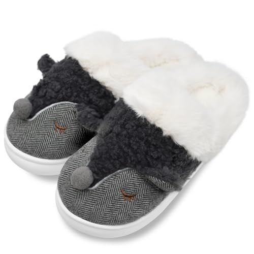 Mnplciea Grau Hausschuhe Damen Winter Kuschel Memory Pantoffeln Herren Warme Hausschuhe Tiere Fuch Plüsch Niedliche Cartoon Bequeme Rutschfeste Flache Slippers von Mnplciea
