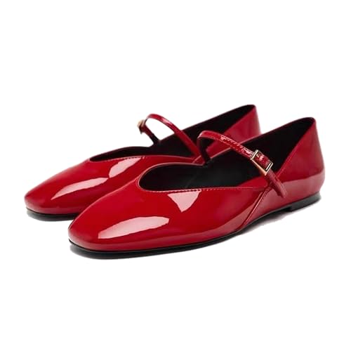 Mnplciea Rot Mary Jane Halbschuhe für Damen Ballerinas Flache Lackschuhe Verstellbare Schnalle Tanzschuhe von Mnplciea