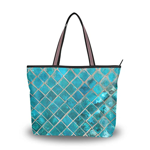 Damen-Handtaschen, exotisch, glänzend, türkis, Keramik, Mosaik, Fliesen, Tragetasche mit Reißverschluss, Damen-Tragetasche, Einkaufstasche, lässige Strandtasche, Arbeitstasche, blau, Large von Mnsruu