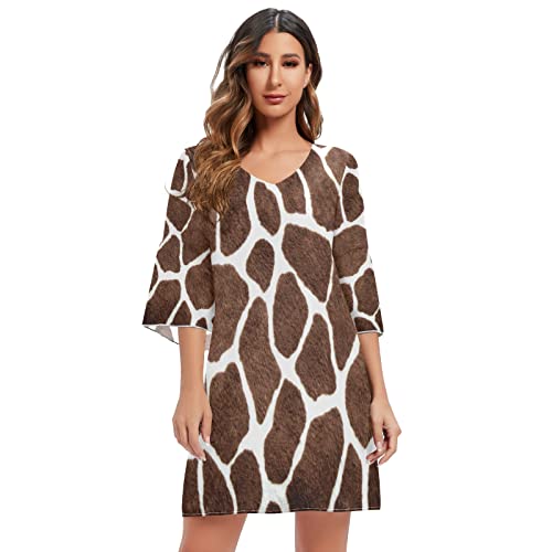 Mnsruu Animal Giraffe Print Damen Casual Chiffon Minikleid 3/4 Ärmel V Ausschnitt, mehrfarbig, XL/XXL von Mnsruu