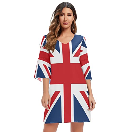 Mnsruu Damen Minikleid Union Jack Britische Flagge Chiffon 3/4-Ärmel V-Ausschnitt, mehrfarbig, L-XL von Mnsruu