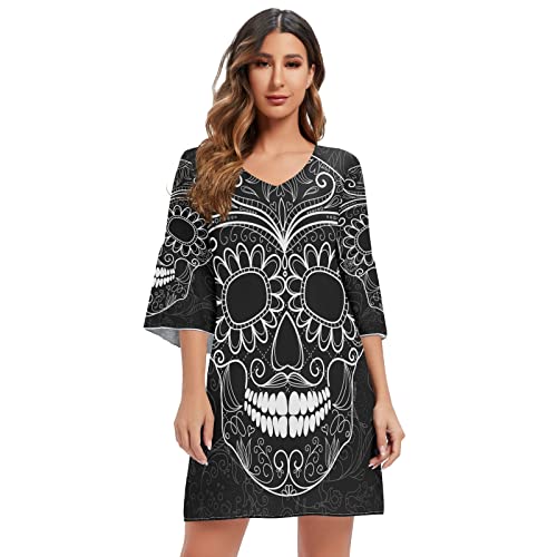 Mnsruu Sugar Skull Black Floral Damen Casual Chiffon Minikleid 3/4 Ärmel V Ausschnitt, mehrfarbig, XXL/3XL von Mnsruu