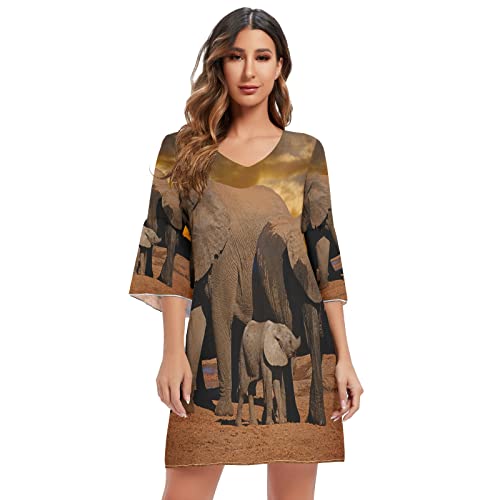 Mnsruu Sunset Afrikanischer Elefant Damen Casual Chiffon Minikleid 3/4 Ärmel V Ausschnitt, mehrfarbig, XXL/3XL von Mnsruu