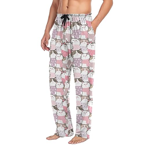 Pyjamahose für Herren, niedlicher Cartoon-Katzen-Druck, Herren-Hose, Lounge-Hose, entspannte Schlafhose, multicolored, M von Mnsruu