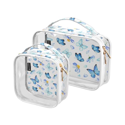 2 Stück transparente Reise Kulturbeutel Blau Schmetterling Tropische Make-up Kosmetiktasche Wasserdichte Aufbewahrung Organizer Reißverschluss für Damen Herren, A331, 25x17.5x7.8cm,17.5x17.5x7.8cm, von Mnsruu