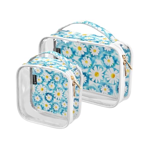 2 Stück transparente Reise-Kulturbeutel Gänseblümchen Blumen Blau Weiß Make-up Kosmetiktasche Wasserdichte Aufbewahrung Organizer Reißverschluss für Damen Herren, A457, 25x17.5x7.8cm,17.5x17.5x7.8cm, von Mnsruu