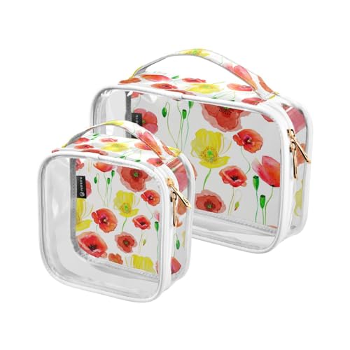 2 Stück transparente Reise-Kulturbeutel Gelb Rot Mohnblumen Make-up Kosmetiktasche Wasserdichte Aufbewahrung Organizer Reißverschluss für Damen Herren, A923, 25x17.5x7.8cm,17.5x17.5x7.8cm, von Mnsruu