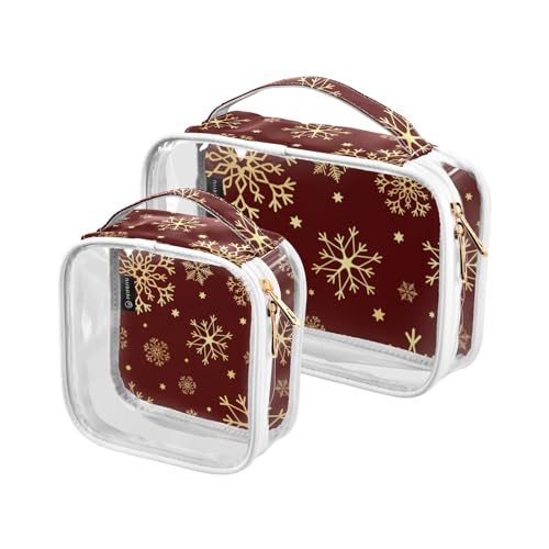 2 Stück transparente Reise-Kulturbeutel Gold Schneeflocken Weihnachten Make-up Kosmetiktasche Wasserdichte Aufbewahrung Organizer Reißverschluss für Damen Herren, A56, 25x17.5x7.8cm,17.5x17.5x7.8cm, von Mnsruu