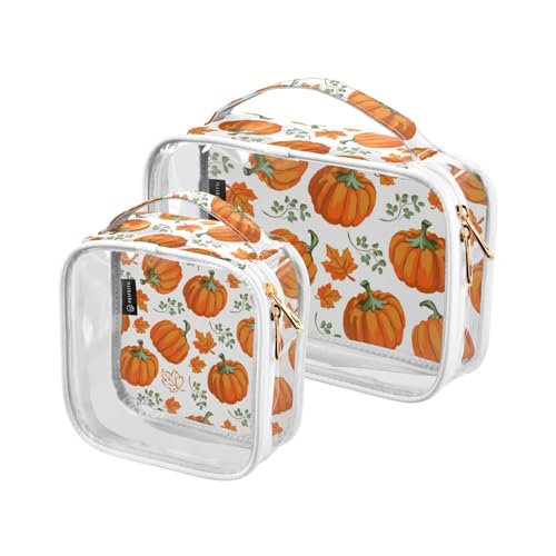 2 Stück transparente Reise-Kulturbeutel Herbst Kürbisse Blätter Thanksgiving Make-up Kosmetiktasche Wasserdichte Aufbewahrung Organizer Reißverschluss für Frauen Männer, A1004, von Mnsruu