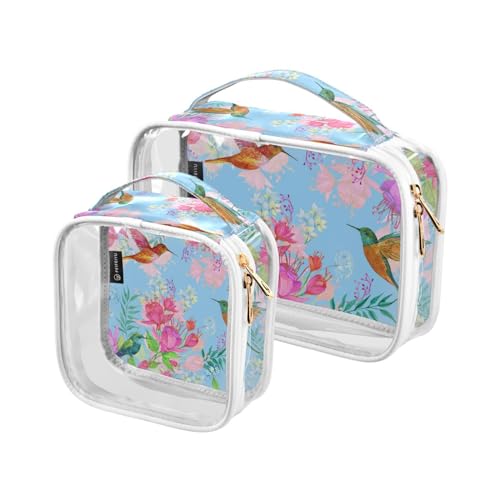 2 Stück transparente Reise Kulturbeutel Kolibri Blumen auf blauem Make-up Kosmetiktasche Wasserdichte Aufbewahrung Organizer Reißverschluss für Damen Herren, A248, 25x17.5x7.8cm,17.5x17.5x7.8cm, von Mnsruu