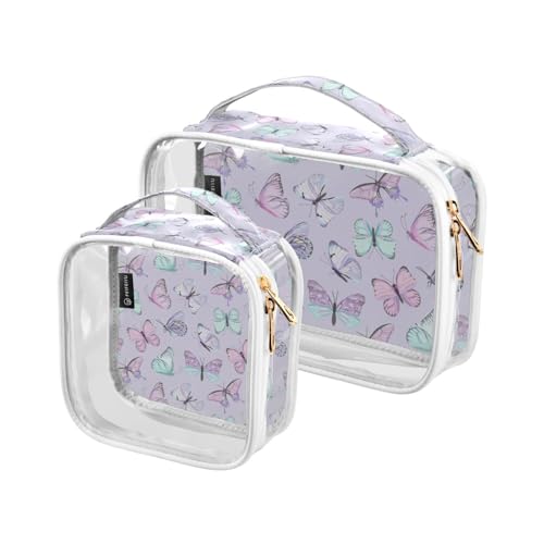 2 Stück transparente Reise Kulturbeutel Niedlicher Schmetterling Lila Make-up Kosmetiktasche Wasserdichte Aufbewahrung Organizer Reißverschluss für Damen Herren, A811, 25x17.5x7.8cm,17.5x17.5x7.8cm, von Mnsruu