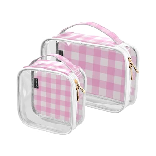 2 Stück transparente Reise-Kulturbeutel Rosa Tartan Plaid Grafik Make-up Kosmetiktasche Wasserdichte Aufbewahrung Organizer Reißverschluss für Damen Herren, A1092, 25x17.5x7.8cm,17.5x17.5x7.8cm, von Mnsruu