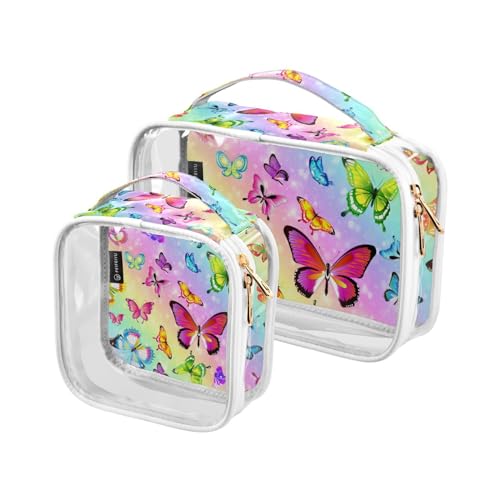 2 Stück transparente Reise Kulturbeutel Schmetterling Regenbogen Neon Make-up Kosmetiktasche Wasserdichte Aufbewahrung Organizer Reißverschluss für Damen Herren, A206, 25x17.5x7.8cm,17.5x17.5x7.8cm, von Mnsruu