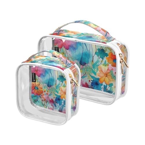 2 Stück transparente Reise-Kulturbeutel bunte schöne Blumen Make-up Kosmetiktasche wasserdichte Aufbewahrung Organizer Reißverschluss für Frauen Männer, A1041, 25x17.5x7.8cm,17.5x17.5x7.8cm, von Mnsruu