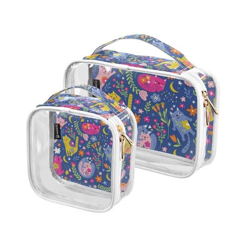 2 Stück transparente Reise-Kulturbeutel niedliche lustige Katzen Blumen Make-up Kosmetiktasche wasserdichte Aufbewahrung Organizer Reißverschluss für Damen Herren, A246, 25x17.5x7.8cm,17.5x17.5x7.8cm, von Mnsruu