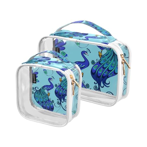 2 Stück transparente Reise-Kulturbeutel schöne blaue Pfauen Make-up Kosmetiktasche wasserdichte Aufbewahrung Organizer Reißverschluss für Frauen Männer, A641, 25x17.5x7.8cm,17.5x17.5x7.8cm, von Mnsruu