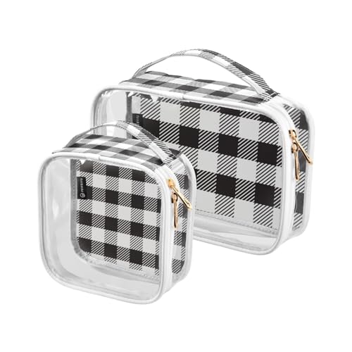 2 Stück transparente Reise-Kulturbeutel schwarz weiß Büffel Plaid Make-up Kosmetiktasche wasserdichte Aufbewahrung Organizer Reißverschluss für Damen Herren, A1015, 25x17.5x7.8cm,17.5x17.5x7.8cm, von Mnsruu