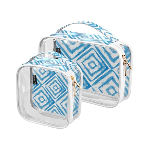 2 stücke Klar Reise Kulturbeutel Blau Rhombus Geometrisches Muster Make-up Kosmetiktasche Wasserdichte Lagerung Organizer Reißverschluss für Frauen Männer, A515, 25x17.5x7.8cm,17.5x17.5x7.8cm, von Mnsruu