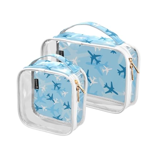 2 stücke Klar Reise Kulturbeutel Flugzeuge Blau Make-up Kosmetiktasche Wasserdichte Lagerung Organizer Reißverschluss für Frauen Männer, A287, 25x17.5x7.8cm,17.5x17.5x7.8cm, Kulturbeutel von Mnsruu