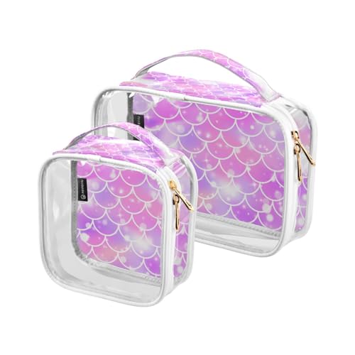 2 stücke Klar Reise Kulturbeutel Rosa Meerjungfrau Fischschuppen Make-up Kosmetiktasche Wasserdichte Lagerung Organizer Reißverschluss für Frauen Männer, A477, 25x17.5x7.8cm,17.5x17.5x7.8cm, von Mnsruu