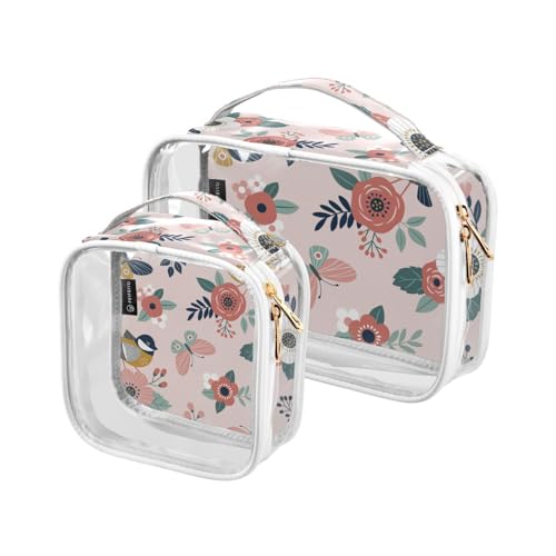 2 x transparente Reise-Kulturbeutel mit niedlichen Frühlingsvögeln und Blumen, Make-up-Kosmetiktasche, wasserdichte Aufbewahrung, Organizer, Reißverschluss für Damen und Herren, A364, von Mnsruu