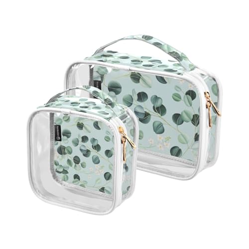 2pcs Clear Travel Toiletry Bag Eukalyptus Leaves White Flowers Turquoise Makeup Cosmetic Bag Waterproof Storage Organizers Zipper for Women Men, A253, 25x17.5x7.8cm,17.5x17.5x7.8cm, Kulturbeutel von Mnsruu