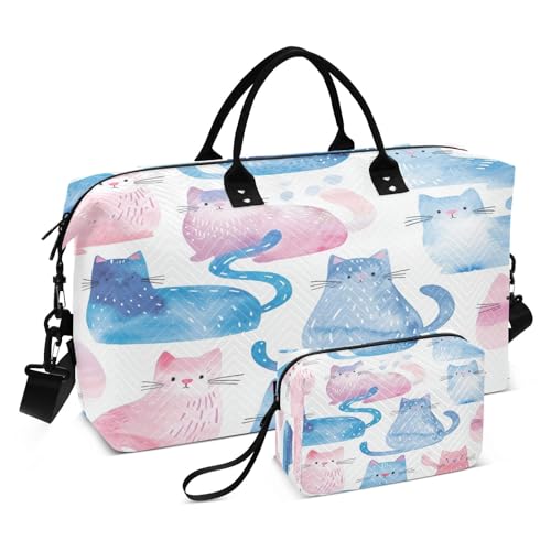 4353-cat Reisetasche für Fitnessstudio, Yoga, Handgepäcktasche für Männer und Frauen, Wochenendtasche, Blau-rosa Katze, Einheitsgröße, Reisetasche von Mnsruu
