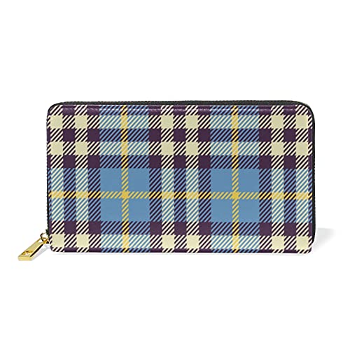 Mnsruu Blau Karierter Tartan Kariert Gedruckt Damen Brieftasche Reißverschluss Geldbörse Echtes Leder Geldbeutel Telefon Kreditkartenetui Portemonnaie für Frauen Mädchen von Mnsruu