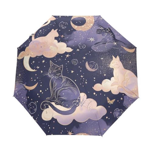 Cat and Moon kompakter Regenschirm, automatisches Öffnen, Schließen, Regenschirm, Reisen, winddicht, UV-beständig, Mehrfarbig, Einheitsgröße von Mnsruu