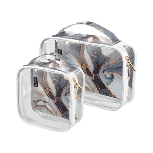 Clear Travel Toiletry Bag Grey Marble Swirl Golden Agate Cosmetic Bag Makeup Bags 2 Pack PVC Portable Waterproof Toiletries Carry Pouch Wash Storage Bag for Women Men, A404, 2er-Pack von Mnsruu