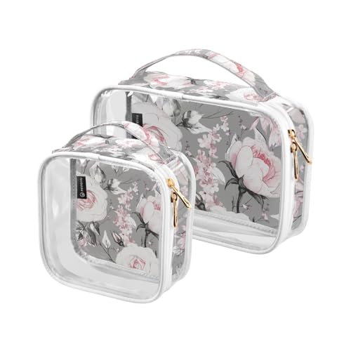 Clear Travel Toiletry Bag Grey Roses Pink Flowers Cosmetic Bag Makeup Bags 2 Pack PVC Portable Waterproof Toiletries Carry Pouch Wash Storage Bag for Women Men, A2356, 2er-Pack von Mnsruu