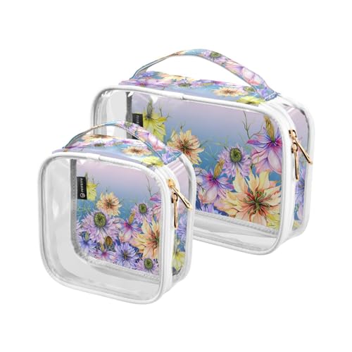 Clear Travel Toiletry Bag Purple Flowers Green Leaves Cosmetic Bag Makeup Bags 2 Pack PVC Portable Waterproof Toiletries Carry Pouch Wash Storage Bag for Women Men, A2331, 2er-Pack von Mnsruu
