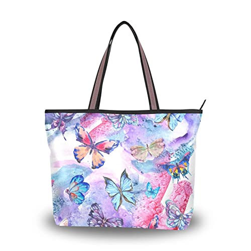 Damen-Handtaschen, Schmetterlinge, bunt, mit Reißverschluss, Schultertasche, Einkaufstasche, Strandtasche, Arbeitstasche, violett, Large von Mnsruu