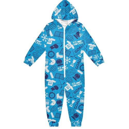 Eishockey Sport Kinder Schlafanzug mit Kapuze für 4–14 Jahre Jungen Mädchen Kinder Loungewear Reißverschluss Nachtwäsche All-in-One Schlafanzug Overall Nachtwäsche, Mehrfarbig 01, 14 Jahre von Mnsruu