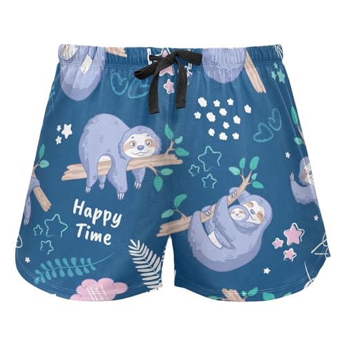 Faultiere mit tropischen Blättern, Wolken und Sternen, Damen-Shorts, Pyjamahose, Lounge-Hose, Nachtwäsche, Kordelzug, Faultiere mit tropischen Blättern, Wolken und Sternen, 46 von Mnsruu