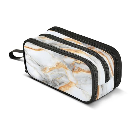 Federmäppchen, weißer Marmor mit einem Hauch von Schwarz und Gold, 3 Fächer, Stifteetui, für Schule, tragbare Schreibwaren-Aufbewahrungstasche für Mädchen und Jungen, Weißer Marmor mit einem Hauch von von Mnsruu