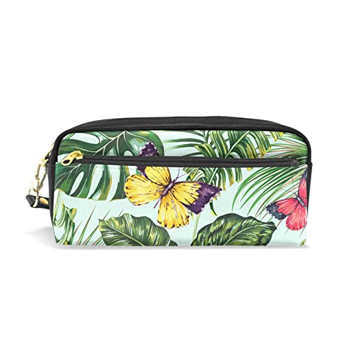 Federmäppchen für Mädchen und Kinder, großes Fassungsvermögen, Federmäppchen, Palmblatt, grün, tropische Pflanze, Schmetterling, Leder, Make-up-Taschen mit Fach, Reißverschlüssen, Halterung, Schulorganisator, Schreibwarentasche, A047, L, Kartenhalter von Mnsruu