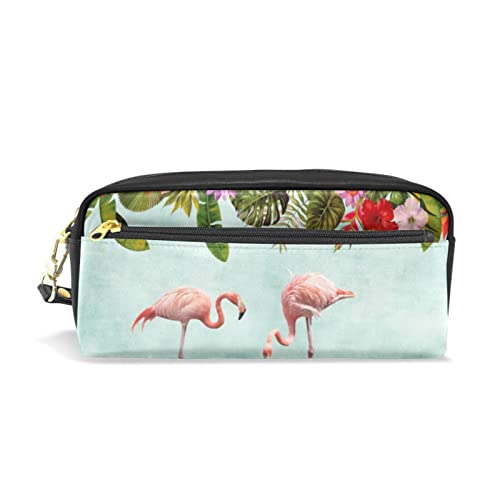 Federmäppchen für Mädchen und Kinder, großes Fassungsvermögen, tropische Pflanze, Flamingo, grüne Blätter, Leder, Make-up-Taschen mit Fach, Reißverschlüsse, Schulorganisator, Schreibwarentasche, A204, L, Kartenhalter von Mnsruu