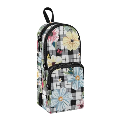 Federmäppchen mit Blumenmuster, großes Fassungsvermögen, Stifttasche mit Fach für Schüler, Schultasche, Organizer, Bleistifttasche, Marker-Etui für Schule, Büro, Arbeit, Blume, schwarz-weißes Raster, von Mnsruu