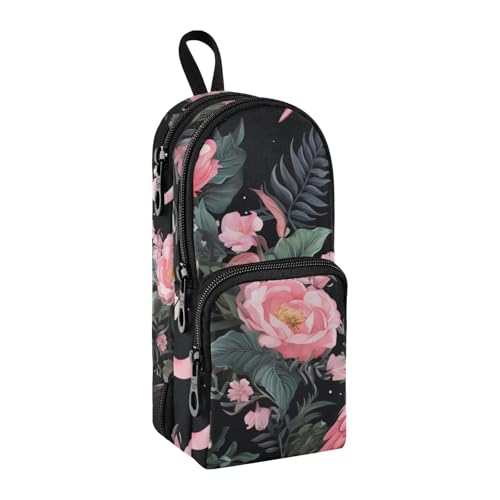 Federmäppchen mit Flamingo-Blumenmuster, großes Fassungsvermögen, Stifttasche mit Fach, Schüler-Form, Schreibwaren-Organizer, Federmäppchen, Marker-Etui für Schule, Büro, Arbeit, Schwarz, von Mnsruu