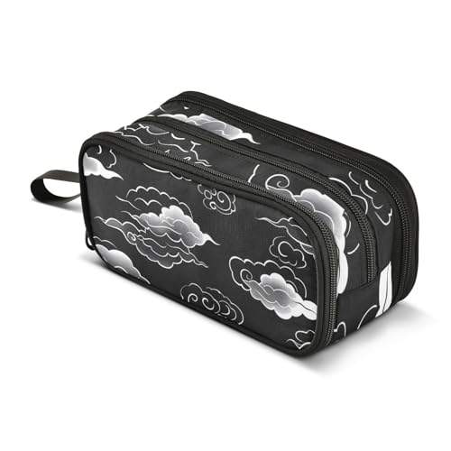 Federmäppchen mit Wolkenmuster auf schwarzem Federmäppchen, großes Fassungsvermögen, Stifttasche für Jungen und Mädchen, 3 Fächer, Federmäppchen, Studenten, Schreibwaren, Organizer, Marker-Etui für von Mnsruu