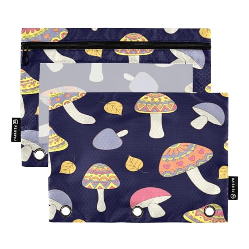 Federmäppchen mit buntem Pilz, für 3-Ringbücher mit Reißverschluss, 2 Stück, Federmäppchen mit transparentem Fenster, Kosmetiktasche für Büro, College, Mehrfarbig, Einheitsgröße, Taschen-Organizer von Mnsruu