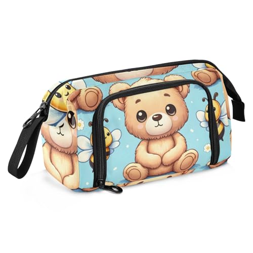 Federmäppchen mit großem Fassungsvermögen, niedlicher Teddybär sitzt mit Biene auf blauem Hintergrund, Stiftetasche, Schreibwarentasche, Schule, Uni, Büro, Organizer für Teenager, Erwachsene, von Mnsruu