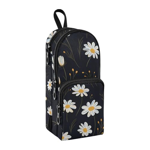 Federmäppchen mit großem Fassungsvermögen, weißes Gänseblümchen, schwarzes Federmäppchen mit Fach, Schüler-Form, Schreibwaren-Organizer, Federmäppchen für Schule, Büro, Arbeit, Weiße Gänseblümchen, von Mnsruu