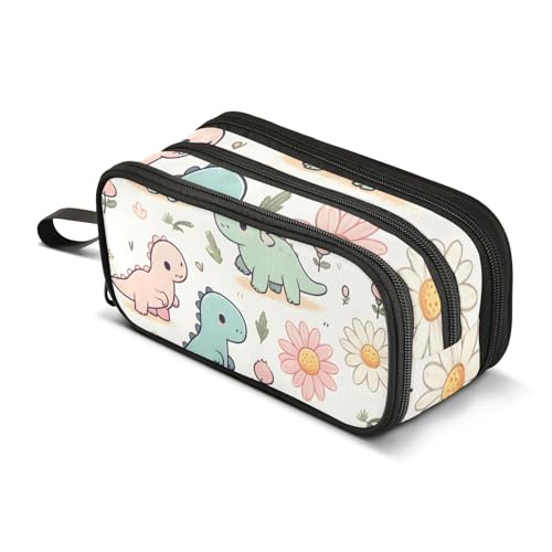 Federmäppchen mit kleinem Dinosaurier und kleinen Gänseblümchen, großes Fassungsvermögen, Stifttasche für Jungen und Mädchen, 3 Fächer, Federmäppchen, Studenten, Schreibwaren, Organizer, Marker-Etui von Mnsruu