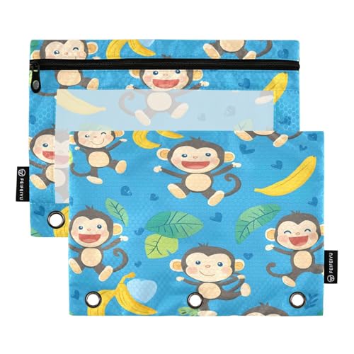 Federmäppchen mit niedlichem Affenmuster, für 3-Ringbücher mit Reißverschluss, 2 Stück, Federmäppchen mit transparentem Fenster, Kosmetiktasche für Büro, College, Mehrfarbig, Einheitsgröße von Mnsruu