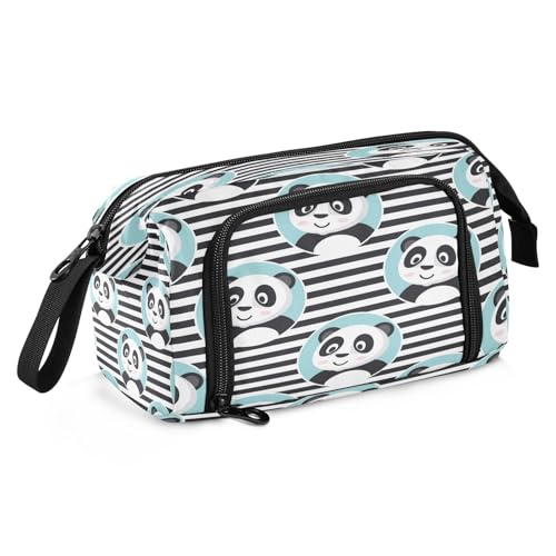 Federmäppchen mit niedlichem Panda in blauem Kreis auf Streifen, großes Fassungsvermögen, Federmäppchen, Schreibwaren-Tasche für Büro, Schule, mehrfarbig, Schulranzen von Mnsruu